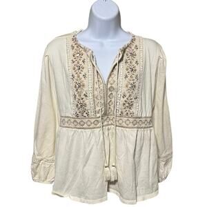Lucky Brand Velvet Boho Top M Cream Peasant Hippie Beaded Embroidered Tassels